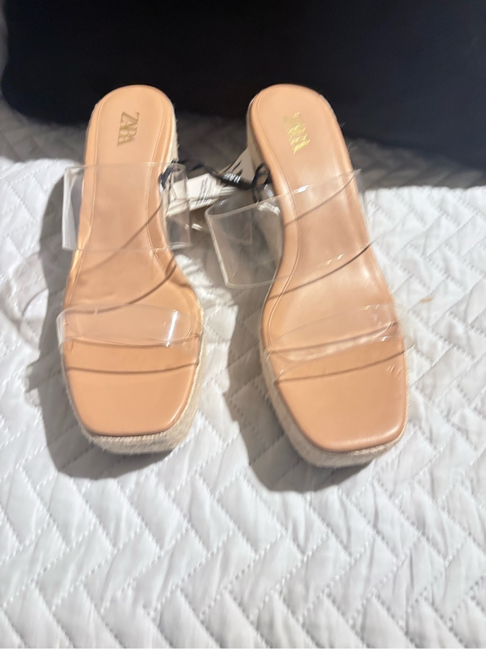 ZARA Tan Espadrille Wedge Sandals with Clear Straps